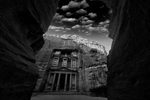 Trésor Khazneh Pierre Roche Vue Historique Petra Art Noir Blanc — Photo