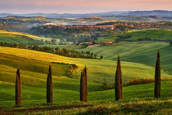 Asciano Krajobraz Toskanii Pobliżu Siana Pienza Wschód Słońca Włoszech Idylliczny — Zdjęcie stockowe