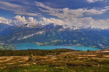 İsviçre 'de Interlaken yakınlarında Thunersee gölü, dağda mavi su gölü, beyaz bulutlu yaz günü, İsviçre' de seyahat. Thunersee Avrupa 'da.