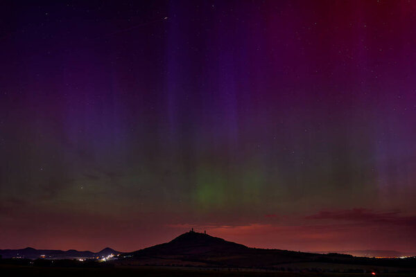 Night Red Pink Violet Aurora Borealis Hazmburk Castle Top Hil Royalty Free Stock Images