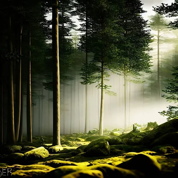 Uma Ilustração Uma Floresta Enevoada Cheia Mistério — Fotografia de Stock