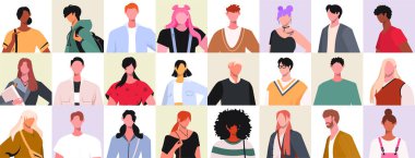 İnsanlar kafa portreleri seti. Farklı yaş ve ırktan farklı kadın ve erkekler. Mutlu modern genç insan avatarları. Karakter koleksiyonu. Vektör illüstrasyonu.