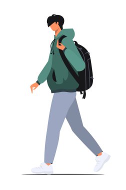 Yeşil kazaklı ve siyah sırt çantalı genç bir öğrenci. Günlük giysiler içinde mutlu bir genç. Gençlik yaşam tarzı. Beyaz arkaplanda izole.