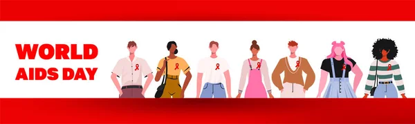 Groupe Jeunes Avec Des Rubans Rouges Symbole Lutte Contre Vih — Image vectorielle