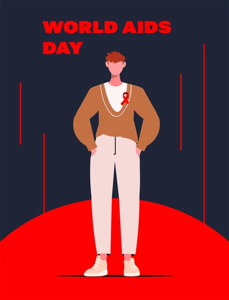 Jeune Homme Moderne Étudiant Tenue Décontractée Portant Badge Ruban Rouge — Image vectorielle