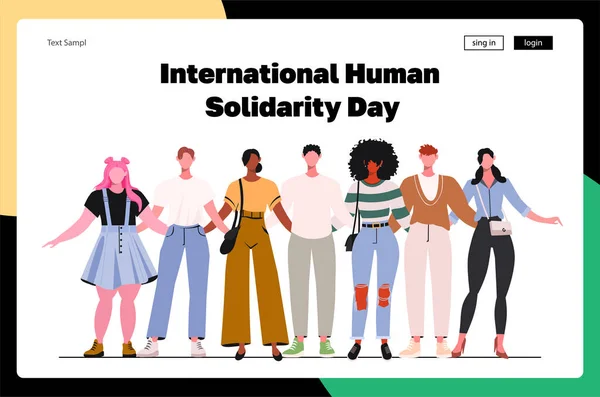 Groupe Personnes Debout Ensemble Embrassant Journée Internationale Solidarité Humaine Célébrée — Image vectorielle