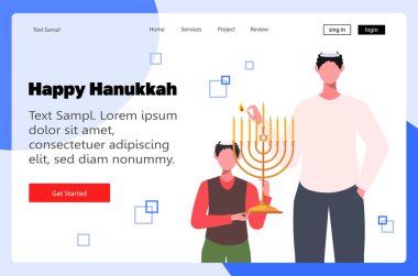 Oğlu Hanuka menorasını elinde tutuyor ve babası mumları yakıyor. Geleneksel Yahudi bayramı bayramı. Modern web sayfası tasarım şablonu. Web sitesi geliştirme için vektör illüstrasyon kavramı.
