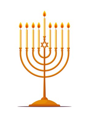Beyaz arkaplanda izole edilmiş Hanukkah menorah simgesi. Din ikonu. Geleneksel Hanuka sembolü. Düz vektör çizimi beyaz arkaplanda izole edildi.