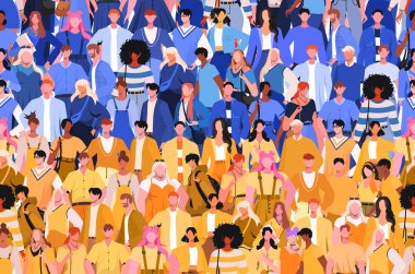 Büyük bir grup insan Ukrayna bayrağı şeklinde mavi ve sarı renkli giysiler içinde ayakta duruyor. Ukrayna 'yı destekleyen genç kadın ve erkek kalabalığı. Ukrayna Bağımsızlık Günü. Nüfus, vatanseverler, toplum. Vektör illüstrasyonu.