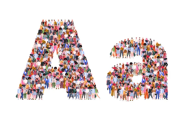 Large group of people in letter A form. People standing  together. A crowd of male and female characters. Flat vector illustration isolated on white background.