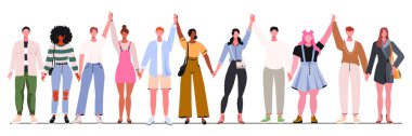 Group of young men and women standing together and  holding hands. Teamwork, unity, friendship, and support concept. Diverse multiracial and multicultural group of people isolated on white background.