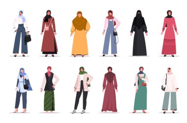 Set of Muslim women. Modern Arabian women in traditional hijabs and trendy clothes. Collection of female characters isolated on white background. Flat cartoon vector illustration. 