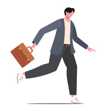 Young modern businessman in a business suit runs. The concept of overcoming difficulties and achieving success. Flat vector illustration of modern office worker isolated on white background.