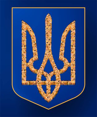 Large group of people form Coat of Arms of Ukraine. National Emblem of Ukraine. Flat vector illustration isolated on blue background.