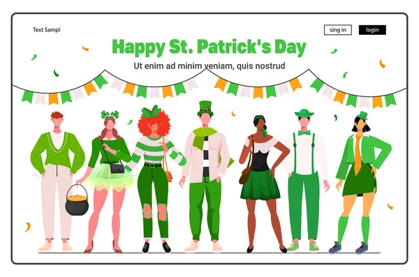 Young Company Celebrating Festive Green Costumes Celebrating Patrick Day Use — Stockvektor