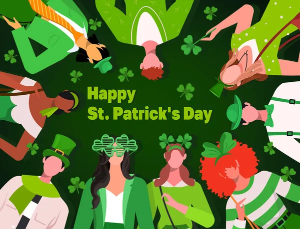 Groupe Jeunes Hommes Femmes Célébrant Costumes Verts Saint Patrick Illustration — Image vectorielle