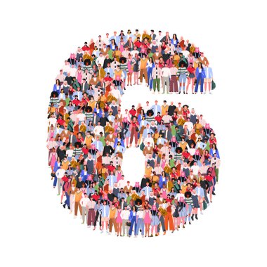 6 numaralı formda geniş bir grup insan. İnsanlardan yapılmış sayılar. Erkek ve kadın karakterlerden oluşan bir kalabalık. Düz vektör çizimi beyaz arkaplanda izole edildi.