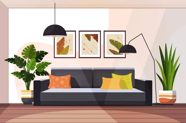 家具や装飾が施されたモダンなリビングルーム ソファ 家の植物 写真や床ランプとトレンディな現代的な家庭のインテリアデザイン 平面ベクトル図 — ストックベクタ