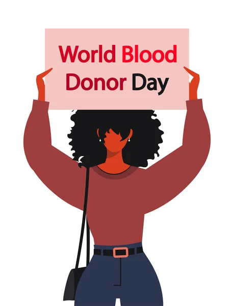 一位年轻妇女手里拿着一面写着 世界献血日 的横幅 医学和医疗保健概念 白色背景上孤立的平面矢量图解 — 图库矢量图片