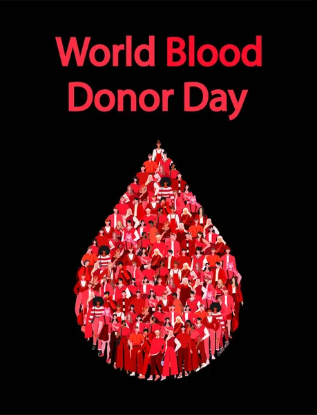 大批人形成了血滴 人们站在一起 每年6月14日 世界各国都庆祝献血日 在黑色背景上孤立的平面矢量图解 — 图库矢量图片