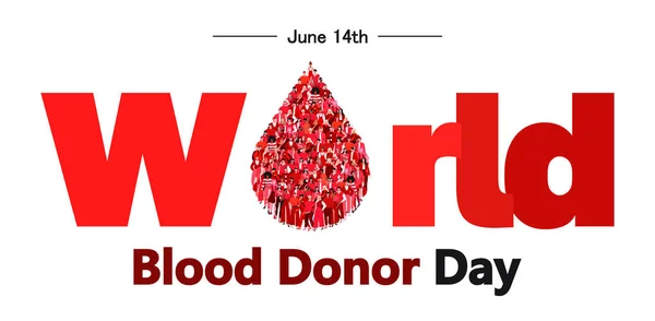 世界献血日 6月14日保健和医疗 概念捐血拯救生命 大批人形成了血滴 白色背景上孤立的平面矢量图解 — 图库矢量图片