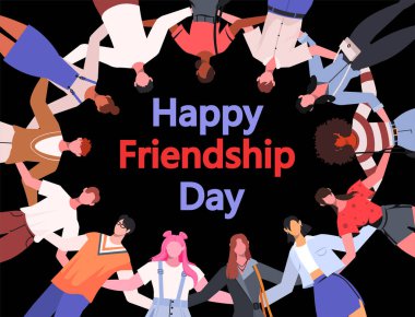 Celebrating International friendship day concept. Diverse people group in circle, hugging together. United community, people group hugging together. Flat vector illustration isolated on black background. 