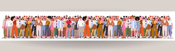 不同的人站在一起 把不同国籍和不同年龄的男女团体在一起 社会多样性或人口 团队精神 友谊的概念 卡通人物 — 图库矢量图片