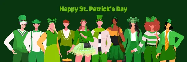 Счастливого Дня Святого Патрика Группа Разных Людей Зеленых Лепреконовых Шляпах — стоковый вектор
