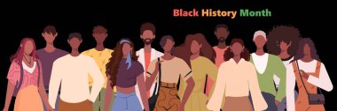 Siyah tarih aylık afişi. Siyah arka planda izole edilmiş zenci Afrikalı ve Afrikalı Amerikalı kadın ve erkek gruplarının portresi. Irksal eşitlik, adalet ve özgürlük. Düz vektör illüstrasyonu.