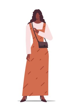 Happy young African American woman wearing trendy casual clothing. Modern woman in a long sundress. Flat vector illustration isolated on white background.