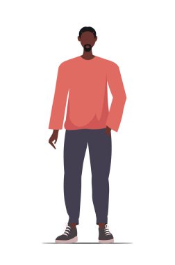 Gündelik giysiler içinde modern siyahi bir adam. Kırmızı kazak ve koyu mavi pantolon giyiyor. Düz vektör çizimi beyaz arkaplanda izole edildi. Çizgi film biçimi.