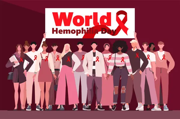 Всемирный День Гемофилии Молодые Современные Мужчины Женщины Красными Лентами Держат Стоковая Иллюстрация