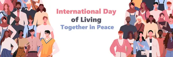 stock vector International Day of Living Together in Peace. A group of people of different nationalities stand side by side. Support, togetherness, understanding, collaboration concept. Flat vector illustration for web banner, social media, poster.