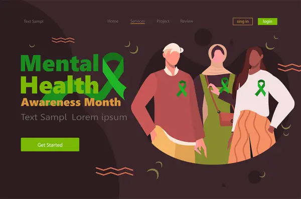 Mental Health Awareness Month Young Modern People Green Ribbons Modern Стоковый вектор