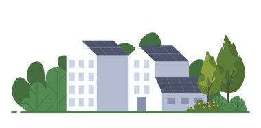 Güneş enerjisi. Alternatif Yenilenebilir Enerji. Eko şehri. Sıfır kayıp. Ekolojik farkındalık. Düz vektör çizimi beyaz arkaplanda izole edildi.