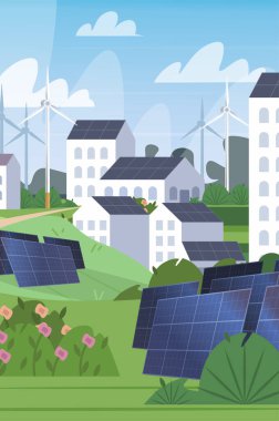 Yenilenebilir kaynaklardan gelen temiz elektrik enerjisinin izole edilmiş dikey temsili güneş ve rüzgar. Güneş ve rüzgar santrali. Geometrik kasaba. Yenilenebilir enerji kaynakları net sıfır emisyon kavramı.
