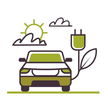 Şarjlı ve fişi takılı elektrikli bir araba. Çevre dostu araç konsepti. Elektrikli araba simgesi. Düz grafik vektör çizimi beyaz arkaplanda izole edildi