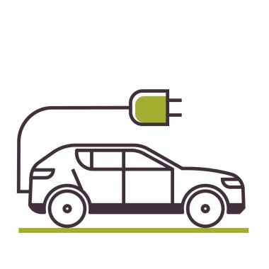 Elektrikli araba kabloyu şarj ediyor ve beyaz fişi takıyor. Araba ikonu. Sıfır emisyonlu ekolojik motor. Ekoloji, küresel ısınma, temiz ulaşım kavramı. Vektör illüstrasyonu
