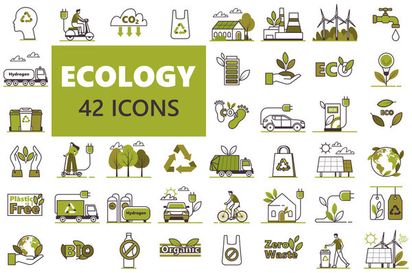 Set of 42 thin line icons related to ecological, recycling, organic, renewable energy, eco-friendly, forest, wind power, green symbol. Ecology icon set. Linear style. Flat vector illustration isolated on white background.