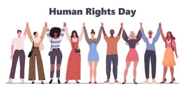 Human Rights Day. December 10th. Group of young  men and women standing together and holding hands. Peace.Human rights concept.Vector illustration. Not AI generated clipart