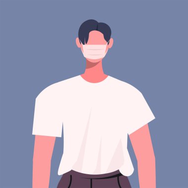 Young man in casual clothes and wearing a medical mask as protection against influenza, viruses or air pollution in the city. Vector illustration. Not AI generated clipart