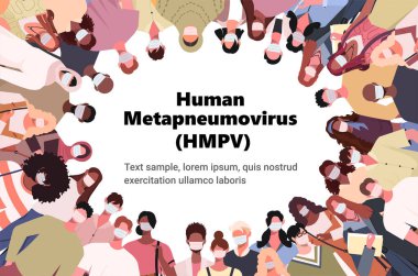 Human metapneumovirus (HMPV). Different people stand together in a circle. People wearing medical masks protect themselves from air pollution and the risk of viral diseases. Vector illustration. Not AI generated clipart