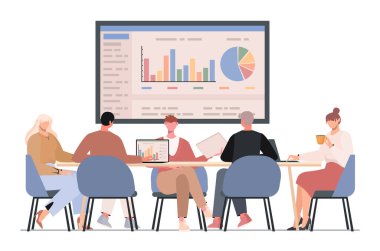 Beyaz arka planda konferans masasında iş toplantısı. Ofis çalışanları beyin fırtınası, sunum ya da iş tartışması. Kurumsal iletişim, takım çalışması, işbirliği. Vektör çizimi. Yapay zeka oluşturulmadı