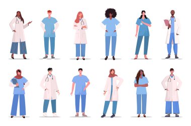 Doktorlar, hemşireler ve sağlık personeli. Profesyonel terapist ve hastane personeli, haracter koleksiyonu. Vektör illüstrasyonu Yapay Zeka oluşturulmadı