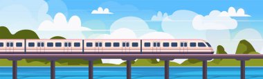 Modern bir yüksek hızlı tren deniz üzerindeki bir demiryolu köprüsünü geçer. Seyahat, seyahat ve turizm afişi. Vektör çizimi. Yapay zeka oluşturulmadı