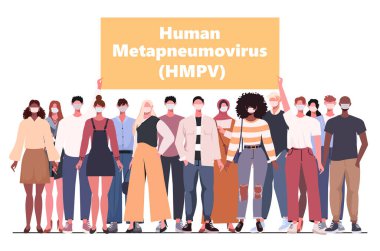 İnsan metafnömotorirüsü (HMPV). Koruyucu tıbbi maskeli genç erkek ve kadınlar ellerinde İnsan Metapneumovirüsü (HMPV) yazılı bir pankart tutuyorlar. Tıbbi sağlık konsepti. Yapay zeka olmayan vektör oluşturuldu