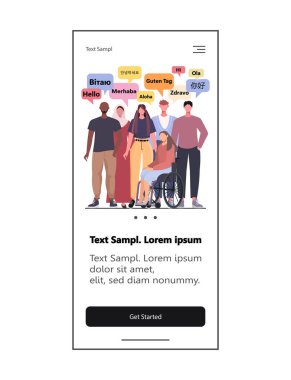 Konuşma baloncukları. Bir grup insan farklı dillerde merhaba diyor. Web tasarımı ve mobil şablon. Vektör illüstrasyonu. Yapay zeka oluşturulmadı