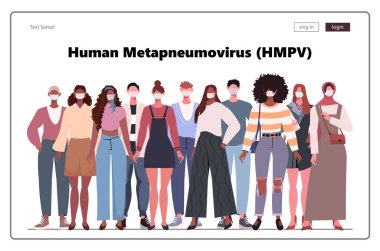 İnsan metafnömotorirüsü (HMPV). Koruyucu tıbbi maskeli bir grup insan. Web sitesi geliştirme, sosyal medya, şablon ağ ve mobil uygulama geliştirme için modern konsept. Yapay zeka olmayan vektör oluşturuldu