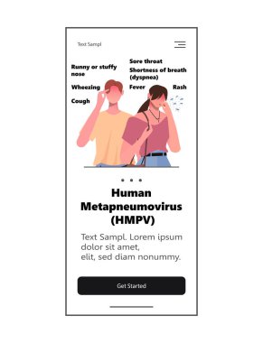 İnsan metafnömotorirüsü (HMPV). İnsan metafnömotorirüsü belirtileri gösteren genç bir erkek ve kadın öksürük, ateş, boğaz ağrısı, akıntı ya da burun tıkanıklığı. Web tasarımı ve mobil şablon. Vektör çizimi. Yapay zeka oluşturulmadı