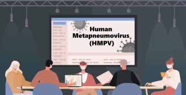 Ofiste birlikte çalışan başarılı iş adamları takımı. İnsan metafnömotorirüsü (HMPV), grip ya da toz alerjisi salgınını önlemek için cerrahi maske takarlar. Yapay zeka olmayan vektör oluşturuldu
